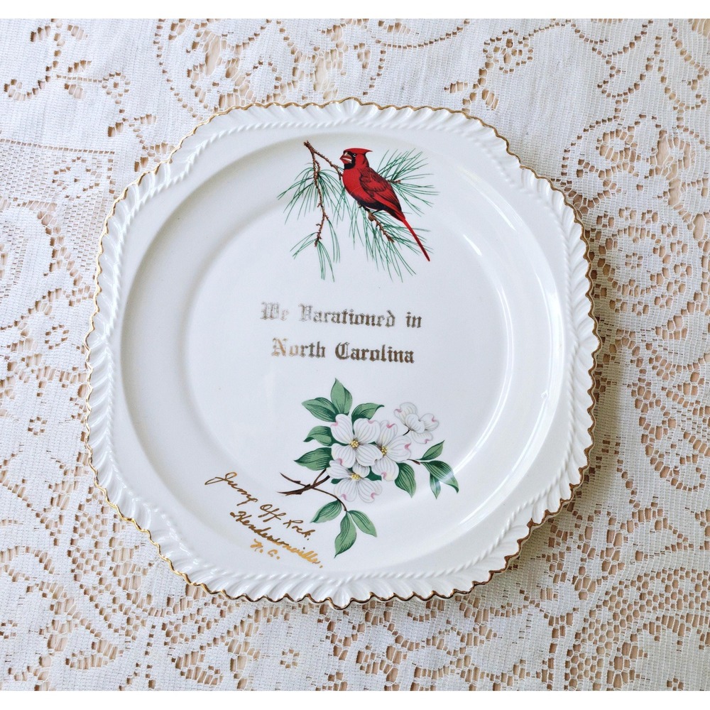 Vintage North Carolina Souvenir Plate Ceramic Red Cardinal Dogwood Flowers